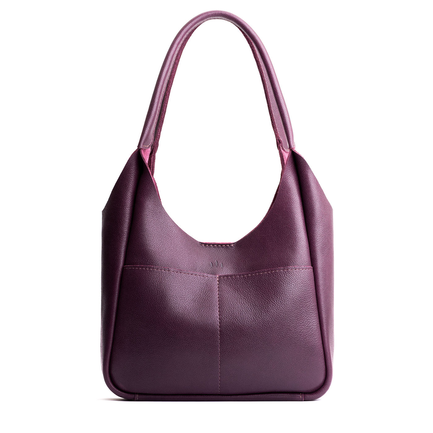Plum*Large | U-shaped, flat-bottomed leather shoulder bag with two outside pockets
