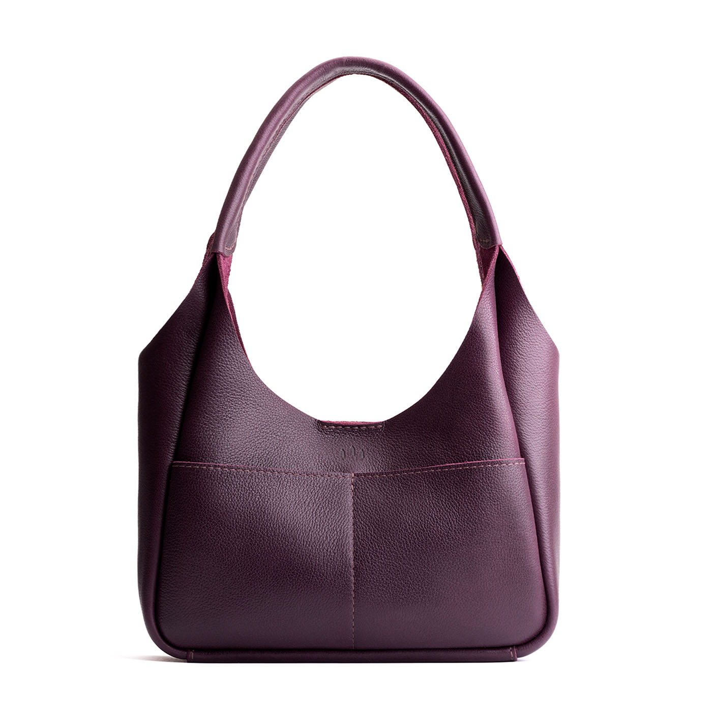 Plum*Medium | U-shaped, flat-bottomed leather shoulder bag with two outside pockets