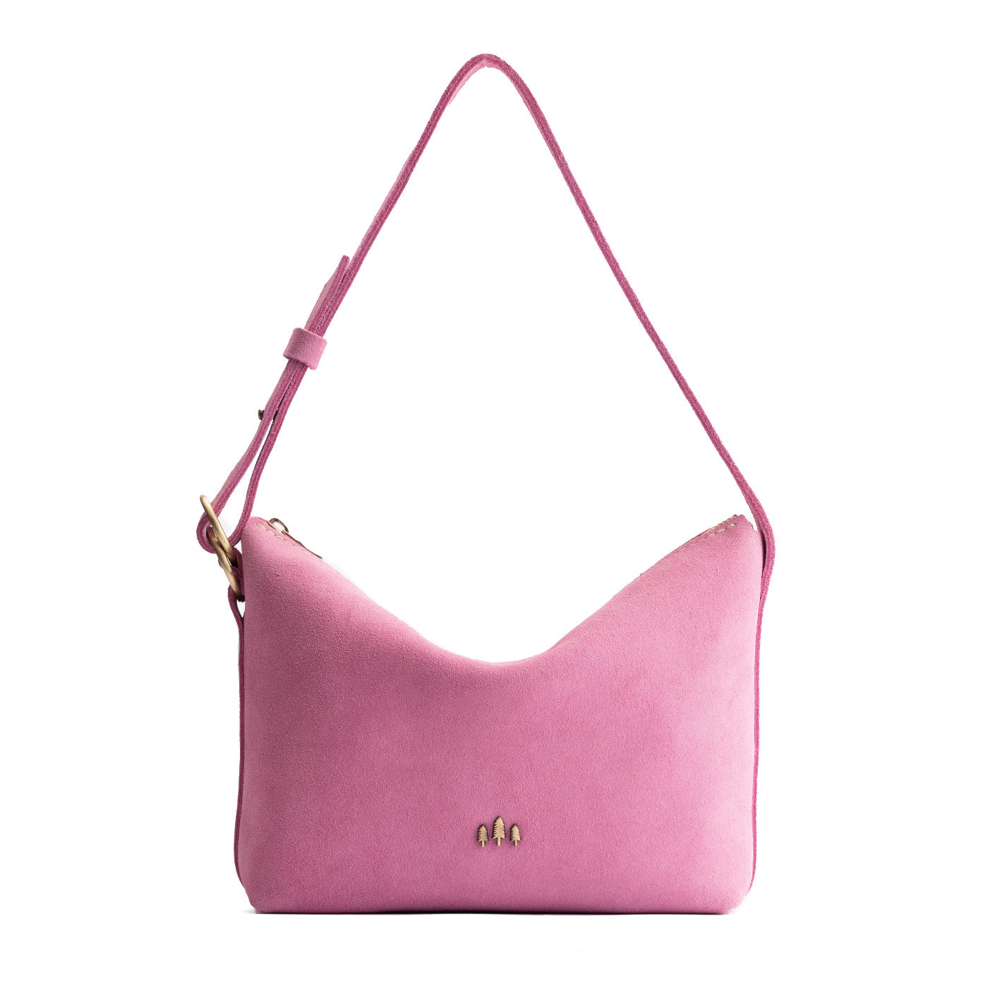 Pink Suede*Small | Petite slouchy leather shoulder bag with zipper opening and three metal tree emblems