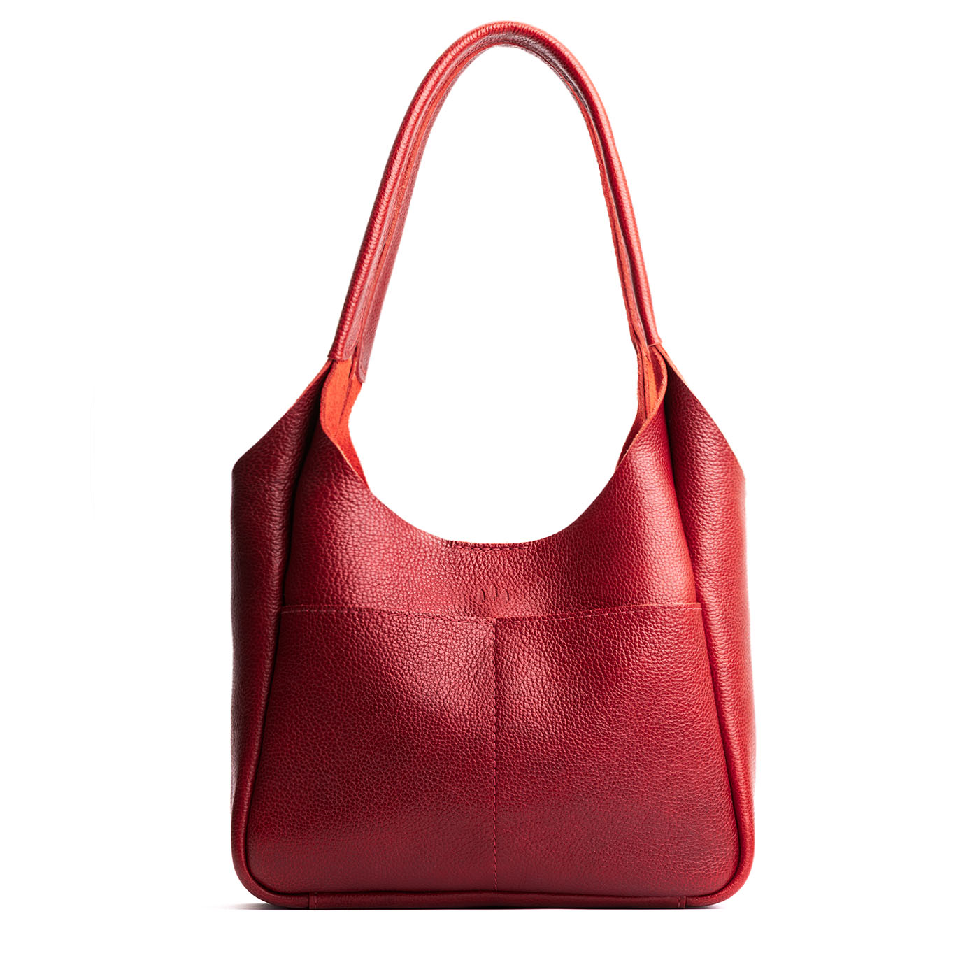 Chili Red*Large | U-shaped, flat-bottomed leather shoulder bag with two outside pockets